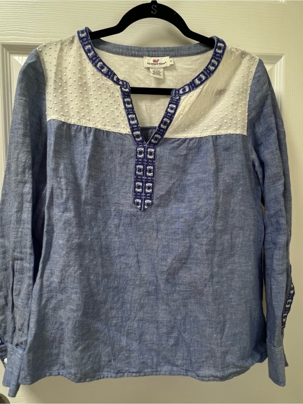 Vineyard Vines Blue Linen Cotton Tunic Embroidered Swiss Dot Top Coastal Beach S